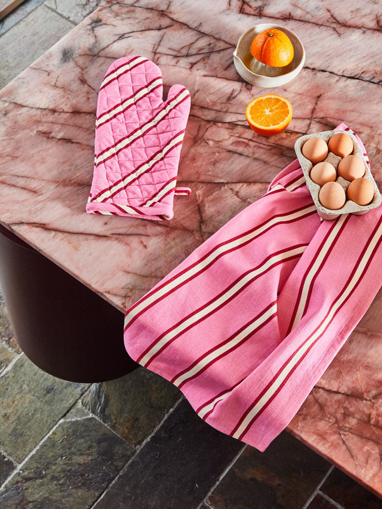 Raspberry Stripe Tea Towel  by Mosey Me